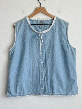 Great Northwest Cotton Pintuck Lace Trim Sleeveless Cottagecore Top Blue 1X